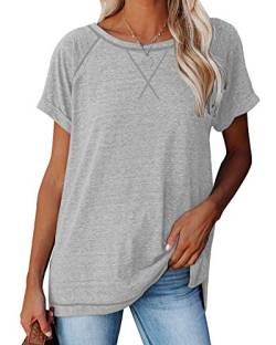 ANFTFH T-Shirts Damen Rundhals Casual Top Einfarbig Kurzärmelige Casual Fashion Sommerbluse Sommerkleid Grau S von ANFTFH