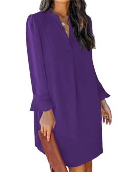 ANFTFH V-Ausschnitt Langarm Kleid Frauen Mini Kleid Atmungsaktive Weiche Haut-freundliche und Bequeme Tunika Kleid Violett XXL von ANFTFH