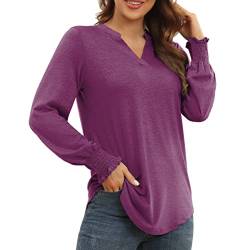 ANGGREK Blusen Damen Langarm Tunika V-Ausschnitt Bluse Shirt Elegant Langarmshirt Casual Oberteile,Violett,L von ANGGREK