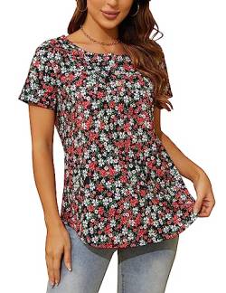 ANGGREK Casual Tunika Damen Kurzarm Blumen Bluse Scoop-Ausschnitt Henley T-Shirt Rüschensaum Falten Top Sommer Frühling,Rote Blumen,L von ANGGREK