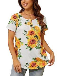 ANGGREK Casual Tunika Damen Kurzarm Blumen Bluse Scoop-Ausschnitt Henley T-Shirt Rüschensaum Falten Top Sommer Frühling，Sonnenblume，XL von ANGGREK