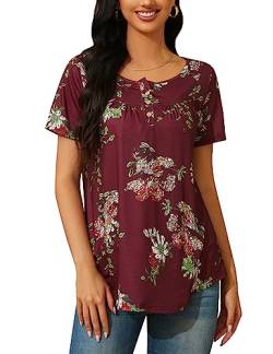 ANGGREK Casual Tunika Damen Kurzarm Blumen Bluse Scoop-Ausschnitt Henley T-Shirt Rüschensaum Falten Top Sommer Frühling，Weinrote Blume，M von ANGGREK