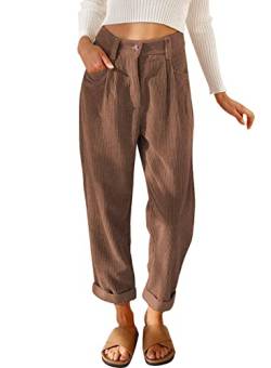 ANGGREK Cordhose Damen Hohe Taille Knopfleiste Reißverschluss Corduroy Elegante Hosen mit Taschen,Dunkelbraun,XL von ANGGREK