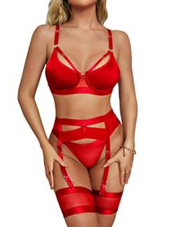 ANGGREK Damen Dessous Set Unterwäsche Frauen,5-teiliges Strumpfband,Bügel BH und Höschen Sets,Ohne Strümpfe,Rot,XL von ANGGREK