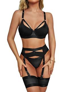 ANGGREK Damen Dessous Set Unterwäsche Frauen,5-teiliges Strumpfband,Bügel BH und Höschen Sets,Ohne Strümpfe,Schwarz,XL von ANGGREK