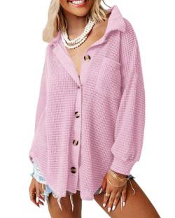 ANGGREK Damen Lässig Taste Runter Hemden Waffel Stricken Shacket Jacke Lang Ärmel Elegant Blusen Oberteile(1-Rosa,Medium) von ANGGREK