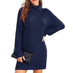 ANGGREK Damen Langarm Strickpullover Strickkleid Weich Rollkragen Pullover Kleid Grobstrick Winter Bodycon Kleid mit Rollkragen，Navyblau，XL von ANGGREK