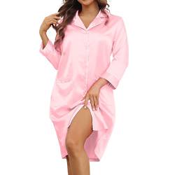 ANGGREK Damen Nachthemd Aus Satin 3/4 Ärmel Schlafhemd Geknöpftes Nachthemden V-Ausschnitt Nachtwäsche mit Taschen,Rosa,XL von ANGGREK