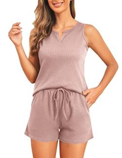 ANGGREK Damen-Pyjama-Sets, ärmellose Oberteile und Shorts mit Taschen, 2-teilige Pyjama-Sets für Loungewear-Nachtwäsche, Rosa, XX-Large von ANGGREK