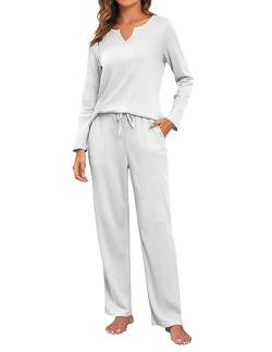ANGGREK Damen Pyjama Sets Langärm Oberteile und Hosen mit Taschen 2-teilige PJ-Sets für Loungewear Nachtwäsche von ANGGREK