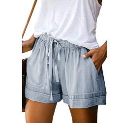 ANGGREK Damen-Shorts mit elastischem Bund und Kordelzug, Sommer-Strand-Shorts, Bequeme Kurze Hose mit Rüschensaum und Taschen(1-Hellblau,Small) von ANGGREK
