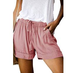 ANGGREK Damen-Shorts mit elastischem Bund und Kordelzug, Sommer-Strand-Shorts, Bequeme Kurze Hose mit Rüschensaum und Taschen(1-Rosa,Small) von ANGGREK
