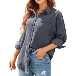 ANGGREK Frauen Button Down Langarm V-Ausschitt Bluse Shirts mit Taschen Cord Hemd Jacke Bluse Oberteil Leicht Cordjacke Hemdjacke,Dunkelgrau,XXL von ANGGREK