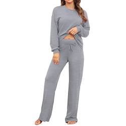 ANGGREK Schlafanzug Damen Lang Pyjama Damen Zweiteilig Baumwolle Damen Nachtwäsche Set,Grau,L von ANGGREK