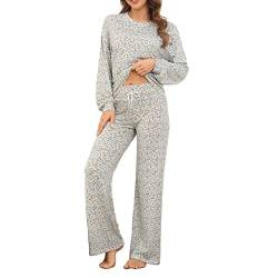 ANGGREK Schlafanzug Damen Lang Pyjama Set Winter Nachtwäsche Langarm O-Aussschnitt Hausanzug Top und Pyjama Pants,Muster 1,L von ANGGREK