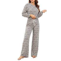 ANGGREK Schlafanzug Für Damen 2-Set Pyjama Mit Lange Oberteile Und Hosen Hausanzug Kuschelige Und Warmes Nachtwasche PjS Für Frauen Geschenke Für Damen,Muster 2,XL von ANGGREK