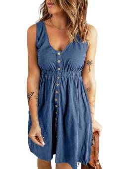 ANGGREK Sommerkleider für Frauen Lässige ärmellose V-Ausschnitt Button-Down-Midikleider Lässiges Tankkleid mit elastischer Taille Blau von ANGGREK