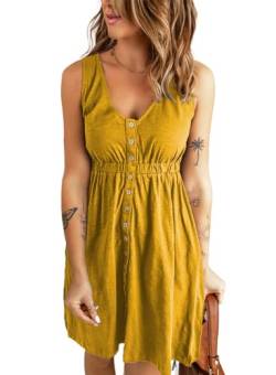 ANGGREK Sommerkleider für Frauen Lässige ärmellose V-Ausschnitt Button-Down-Midikleider Lässiges Tankkleid mit elastischer Taille Gelb von ANGGREK