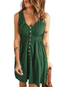 ANGGREK Sommerkleider für Frauen Lässige ärmellose V-Ausschnitt Button-Down-Midikleider Lässiges Tankkleid mit elastischer Taille Grün von ANGGREK