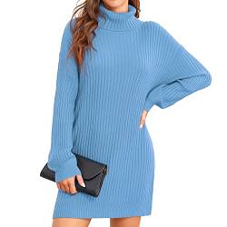 ANGGREK Strickpullover Damen Strickkleid Rollkragen Kleid Hohe Elastizität Pulloverkleid Frauen Winter Elegant Minikleid,Blau,XL von ANGGREK