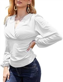 Damen Cross-Front V-Ausschnitt Low Cut T-Shirt Geraffte Lange Laternenärmel Sexy Solid Slim Fit Surplice Wrap Bluse von ANGGREK