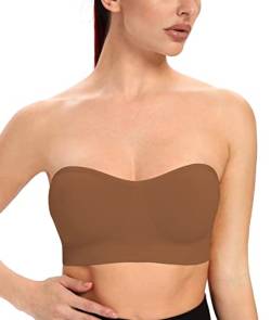 ANGOOL Damen Bandeau Trägerloser BH ohne Bügel Gepolsterter Bralette BH Nahtlose Tube Top BH mit Transparenten Trägern, Braun, L von ANGOOL