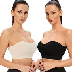 ANGOOL Damen Bandeau Trägerloser BH ohne Bügel Gepolsterter Bralette BH Nahtlose Tube Top BH mit Transparenten Trägern, Schwarz+Beige, L von ANGOOL