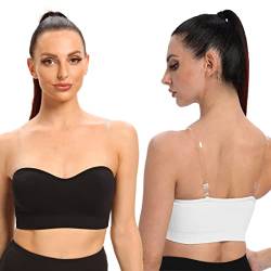 ANGOOL Damen Bandeau Trägerloser BH ohne Bügel Gepolsterter Bralette BH Nahtlose Tube Top BH mit Transparenten Trägern, Schwarz+Weiß, M von ANGOOL