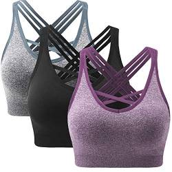 ANGOOL Damen Sport BH ohne Bügel Gepolstert Yoga Bra Kreuz Rücken Sport Bustier für Jogging Fitness, Schwarz+grau+violett, XL von ANGOOL