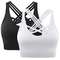 ANGOOL Damen Sport BH ohne Bügel Gepolstert Yoga Bra Kreuz Rücken Sport Bustier für Jogging Fitness, Schwarz+weiß, L von ANGOOL