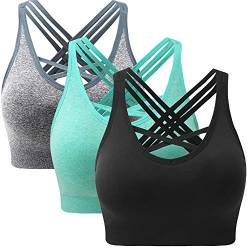 ANGOOL Damen Sport BH ohne Bügel Gepolstert Yoga Bra Kreuz Rücken Sport Bustier für Jogging Fitness , Schwarz+grau+grün , L von ANGOOL