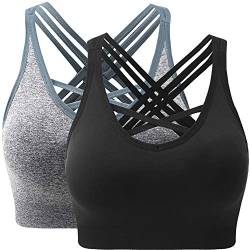 ANGOOL Damen Sport BH ohne Bügel Gepolstert Yoga Bra Kreuz Rücken Sport Bustier für Jogging Fitness , Schwarz+grau , L von ANGOOL