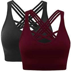 ANGOOL Damen Sport BH ohne Bügel Gepolstert Yoga Bra Kreuz Rücken Sport Bustier für Jogging Fitness , Schwarz+weinrot , XL von ANGOOL