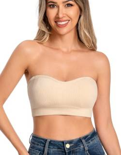 ANGOOL Damen Trägerloser BH Push Up ohne Bügel Bandeau Top Damen Gepolsterter Seamless Ribbed Rutschfestes Silikon mit Transparenten Trägern, Beige, L von ANGOOL