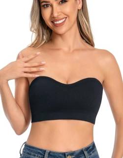 ANGOOL Damen Trägerloser BH Push Up ohne Bügel Bandeau Top Damen Gepolsterter Seamless Ribbed Rutschfestes Silikon mit Transparenten Trägern, Schwarz, L von ANGOOL