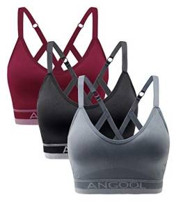 ANGOOL Sport BH Damen Einstellbarer Schultergurt Sport Bustier Damen Gepolstert Starker Halt Nahtlose Joggen Yoga Fitness Bra, 3er Pack, Schwarz + grau + rot, S von ANGOOL