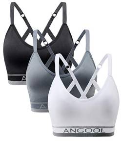 ANGOOL Sport BH Damen Einstellbarer Schultergurt Sport Bustier Damen Gepolstert Starker Halt Nahtlose Joggen Yoga Fitness Bra, 3er Pack, Schwarz + grau + weiß, M von ANGOOL