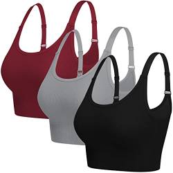 ANGOOL Sport BH Damen Starker Halt Push Up Einstellbarer Schultergurt Sport Bustier Damen Gepolstert Nahtlose Ribbed Sports Bras Ohne Bügel Joggen Yoga Fitness, Schwarz+grau+rot, M von ANGOOL