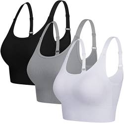 ANGOOL Sport BH Damen Starker Halt Push Up Einstellbarer Schultergurt Sport Bustier Damen Gepolstert Nahtlose Ribbed Sports Bras Ohne Bügel Joggen Yoga Fitness, Schwarz+grau+weiß, L von ANGOOL