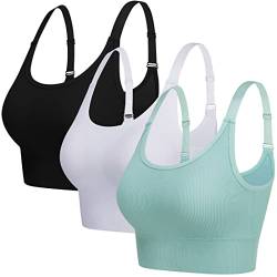 ANGOOL Sport BH Damen Starker Halt Push Up Einstellbarer Schultergurt Sport Bustier Damen Gepolstert Nahtlose Ribbed Sports Bras Ohne Bügel Joggen Yoga Fitness, Schwarz+weiß+grün, M von ANGOOL