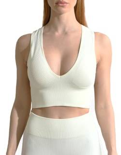 ANGOOL Sport BH Damen V-Ausschnitt Tank Top Damen Ribbed Mittlerer Halt Crop Top Gepolstert Seamless für Yoga Fitness Joggen Alltägliche Oberteile, Elfenbeinweiß, M von ANGOOL