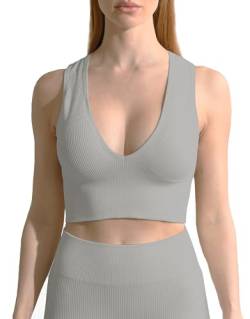 ANGOOL Sport BH Damen V-Ausschnitt Tank Top Damen Ribbed Mittlerer Halt Crop Top Gepolstert Seamless für Yoga Fitness Joggen Alltägliche Oberteile, Grau, S von ANGOOL