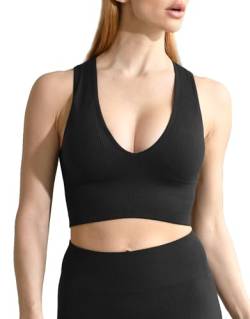 ANGOOL Sport BH Damen V-Ausschnitt Tank Top Damen Ribbed Mittlerer Halt Crop Top Gepolstert Seamless für Yoga Fitness Joggen Alltägliche Oberteile, Schwarz, L von ANGOOL