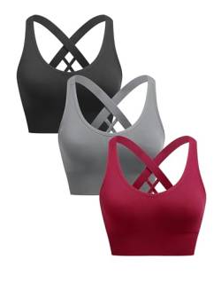 ANGOOL Sport BH Damen ohne Bügel Push Up BH Starker Halt Sport Bustier Damen Gepolstert Crossback Seamless Yoga Joggen Gym Sports Bra, Schwarz+Grau+Weinrot, S von ANGOOL