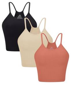 ANGOOL Tank Top Damen Sport Racerback Rippenstrick Ungepolstert Crop Top Seamless Elastische Ärmelloses Spaghetti Top Sport Top Damen Fitness Yoga Alltagskleidung, Schwarz+Koralle+Beige, XL-2XL von ANGOOL