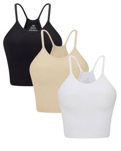 ANGOOL Tank Top Damen Sport Racerback Rippenstrick Ungepolstert Crop Top Seamless Elastische Ärmelloses Spaghetti Top Sport Top Damen Fitness Yoga Alltagskleidung, Schwarz+Weiß+Beige, XL-2XL von ANGOOL