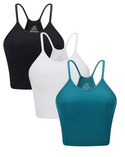 ANGOOL Tank Top Damen Sport Racerback Rippenstrick Ungepolstert Crop Top Seamless Elastische Ärmelloses Spaghetti Top Sport Top Damen Fitness Yoga Alltagskleidung, Schwarz+Weiß+Teal, M-L von ANGOOL