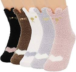 ANGUYA Damen Socken, Kuschelsocken Warme Wintersocken Hausschuhsocken Flauschige Weihnachtssocken Fuzzy Sock Schwester-Geschenk (Kleiner Bär und kleine Katze (5 Paare)) von ANGUYA