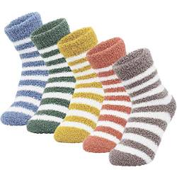 ANGUYA Damen Socken, Kuschelsocken Warme Wintersocken Hausschuhsocken Flauschige Weihnachtssocken Fuzzy Sock Schwester-Geschenk (Streifen-2 (5 Paare)) von ANGUYA