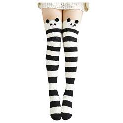 ANGUYA Kawaii Socken Winter Warm Coral Fleece Lange Oberschenkel hohe Socken Damen Tier Modelling Strümpfe Striped Nette Kniestrümpfe medias für Mädchen Frauen (Panda (1 Paar)) von ANGUYA